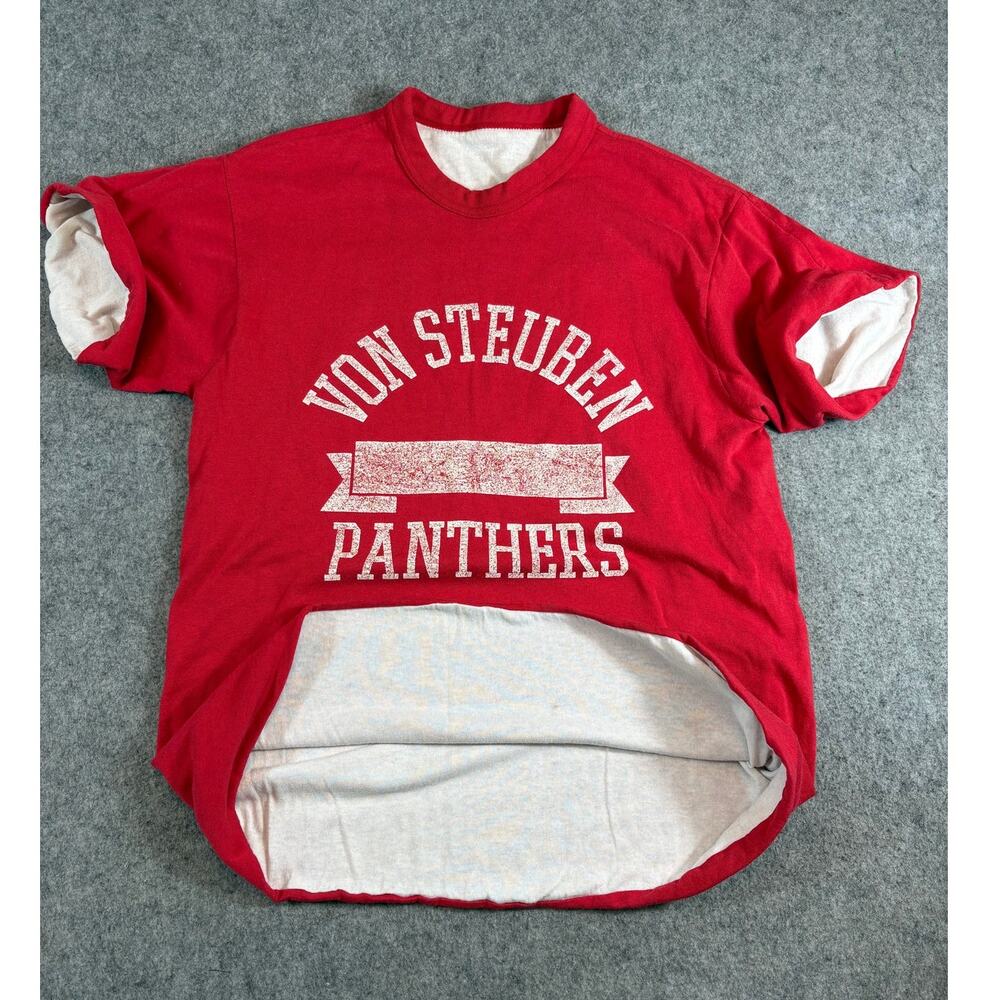 VINTAGE Von Steuben Panthers Shirt Mens Red Double Face School Sports Tee Small